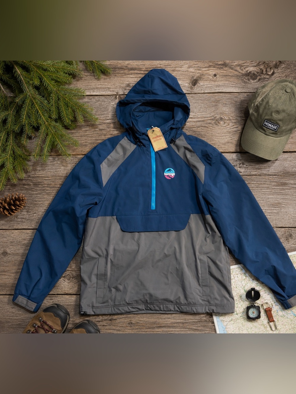 Homage Outdoor Anorak Windbreaker Jacket Men’s Medium Teal Gray Hooded Pullover